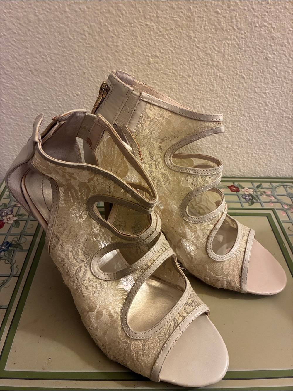 Guess Lace Cutout Peep-Toe Heels in Ivory